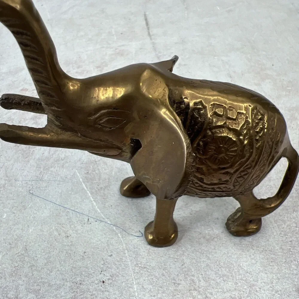 Vintage Small Solid Brass Elephant Raised Trunk Embossed Ornate‎ MCM Figurine